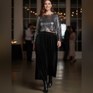 Black Velvet Velour Skirt Midi Maxi 18W Pull On Elastic Waist Koret Women's 18